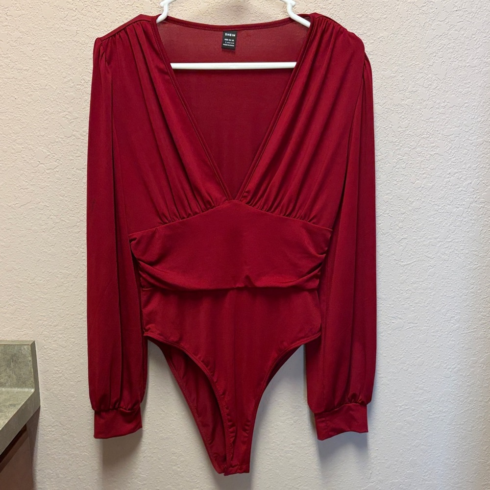 SHEIN Deep Red V-Neck Bodysuit